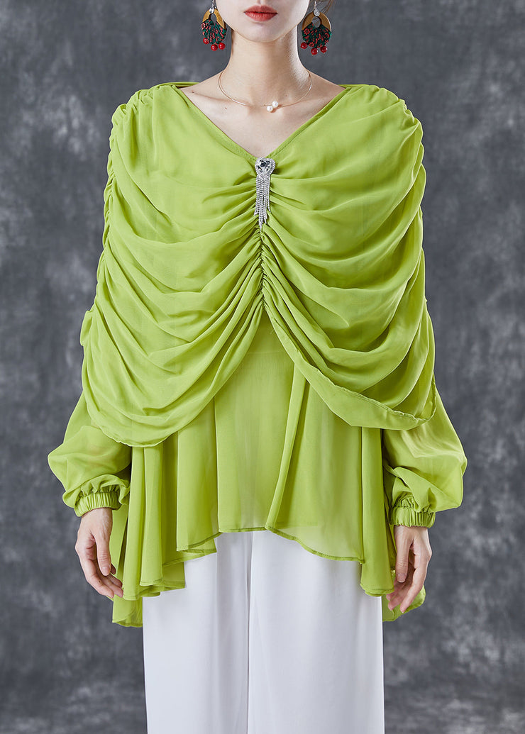 Grass Green Chiffon Blouses V Neck Wrinkled Summer