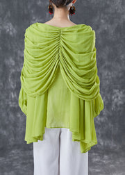 Grass Green Chiffon Blouses V Neck Wrinkled Summer