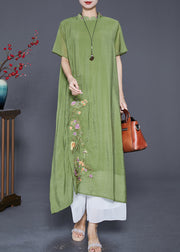 Grass Green Linen Silk Holiday Dress Embroideried Mandarin Collar Summer