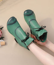 Green Boots Chunky Heel Cowhide Leather Unique Splicing Boots