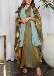 Green Bright Silk Maxi Dresses V Neck Long Sleeve