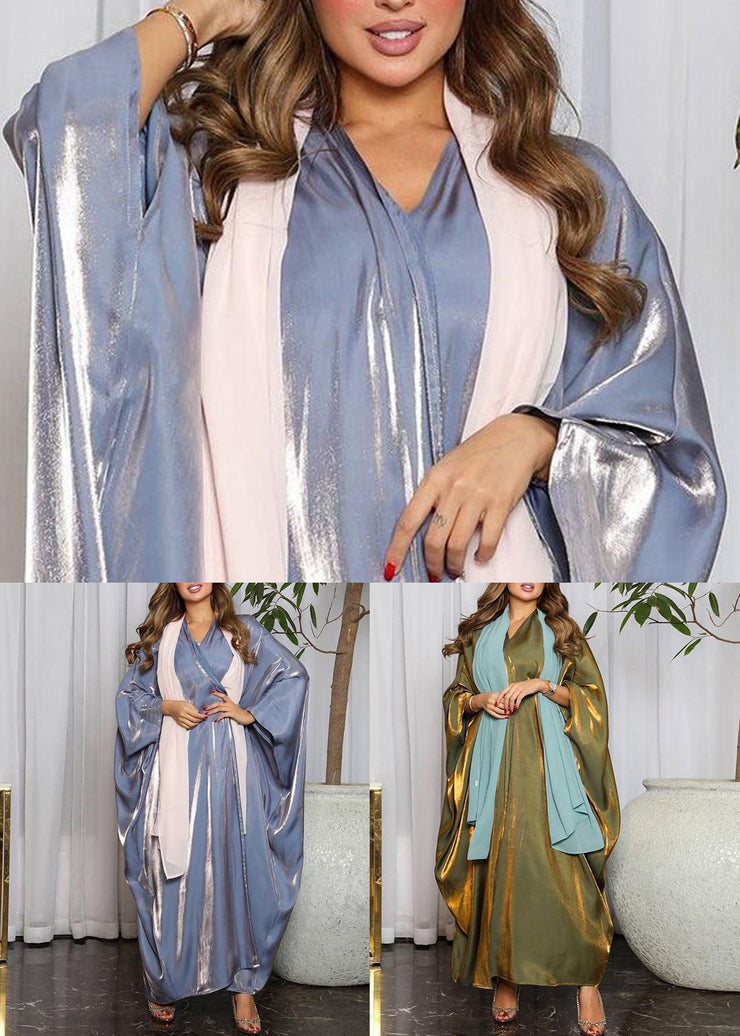 Green Bright Silk Maxi Dresses V Neck Long Sleeve