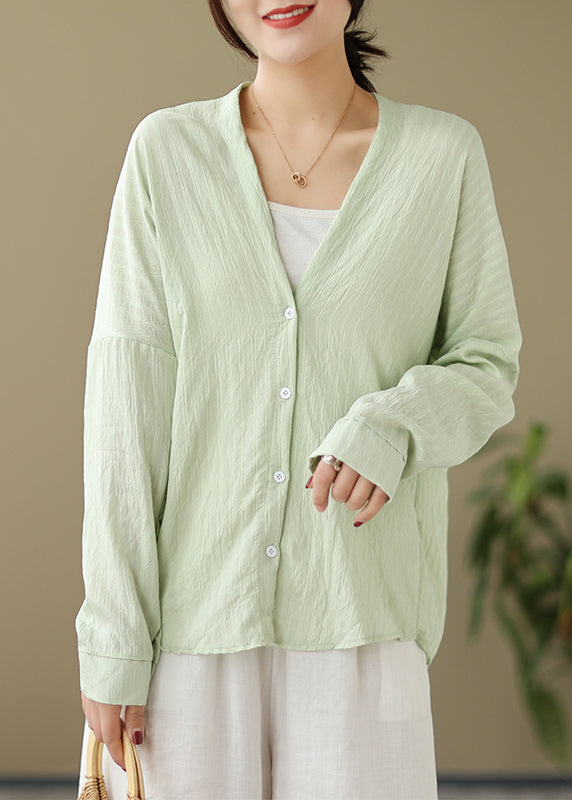 Green Button Patchwork Cotton Coat Outwear V Neck Fall