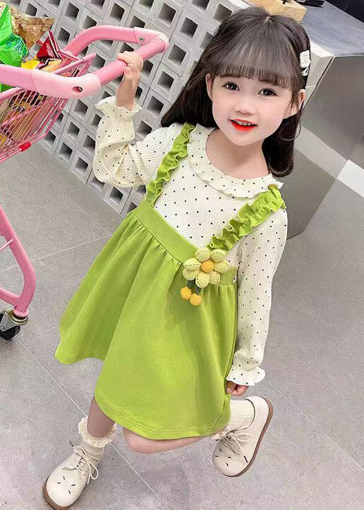Green Button Patchwork Cotton Girls Dresses O-Neck Flare Sleeve