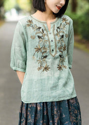 Green Button Patchwork Cotton T Shirt V Neck Half Sleeve