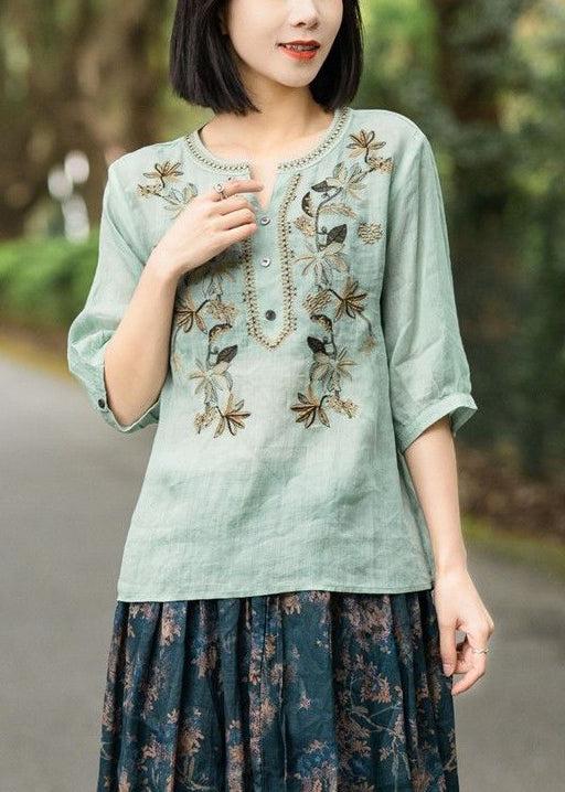 Green Button Patchwork Cotton T Shirt V Neck Half Sleeve