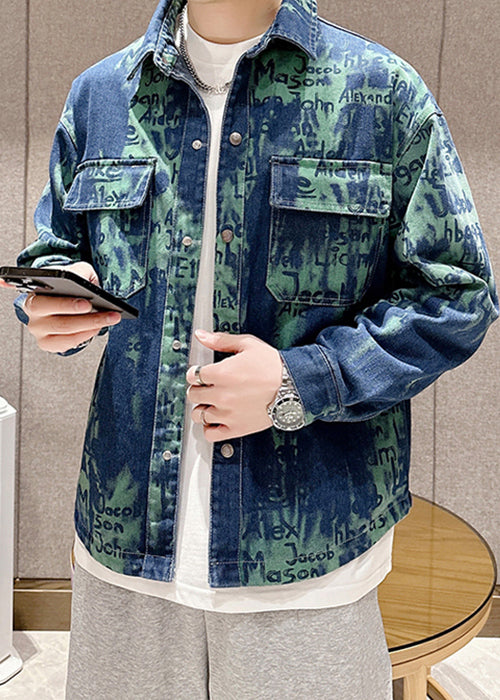 Green Button Patchwork Denim Fall Men Coat Peter Pan Collar