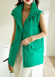 Green Button Pockets Cotton Filled Waistcoat Stand Collar Winter