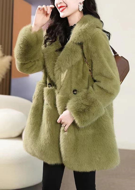 Green Button Pockets Mink Velvet Coat Peter Pan Collar Winter