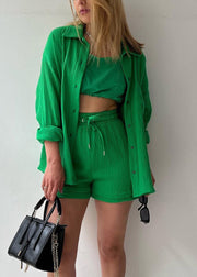 Green Button Shirts Vests And Shorts Three Pieces Set Summer