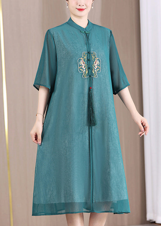 Green Button Tasseled Patchwork Dress Embroideried Half Sleeve