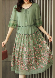 Green Chiffon Long Dress Ruffled Embroideried Summer