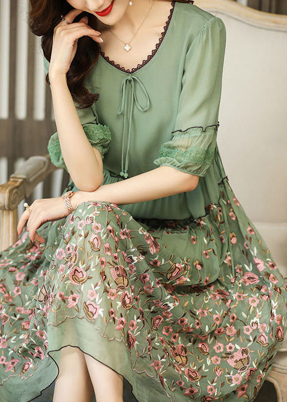 Green Chiffon Long Dress Ruffled Embroideried Summer