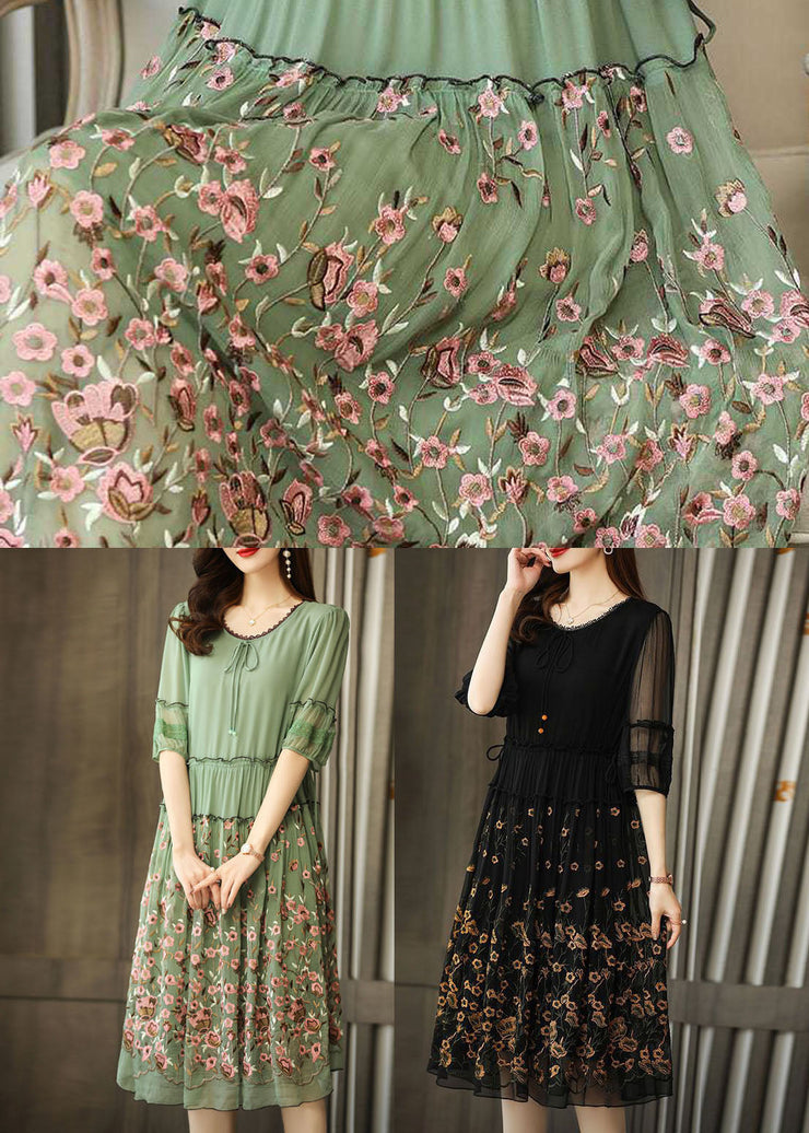 Green Chiffon Long Dress Ruffled Embroideried Summer