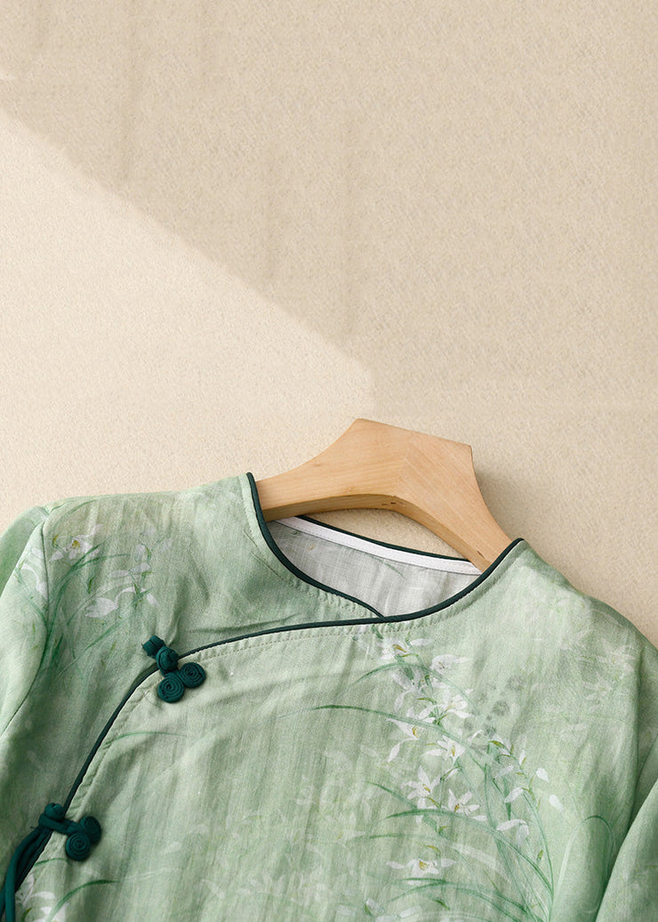 Green Chinese Button Cotton Shirts O Neck Bracelet Sleeve