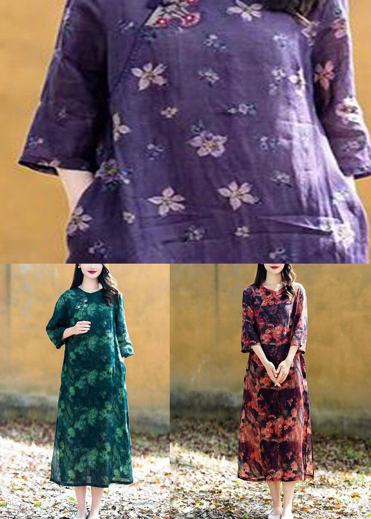 Green Chinese Button Patchwork Linen Long Dress O Neck Summer