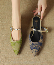 Green Chinese Style Splicing Zircon Slide Sandals Pointed Toe