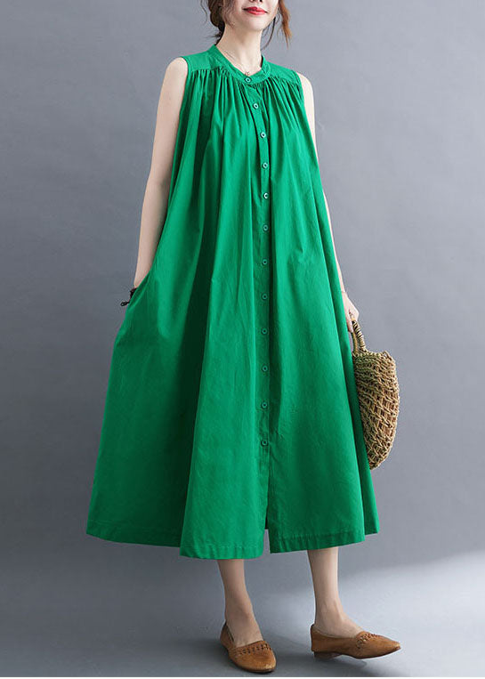 Green Cotton A Line Dress O-Neck Oversized Summer