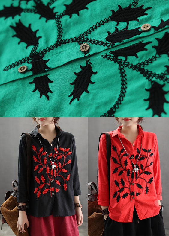 Green Cotton Blouses Turn-down Collar Branch Embroideried Long Sleeve