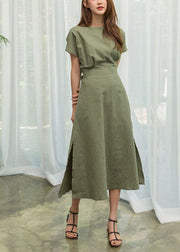 Green Cotton Cinch Dresses Side Open Exra Large Hem Summer