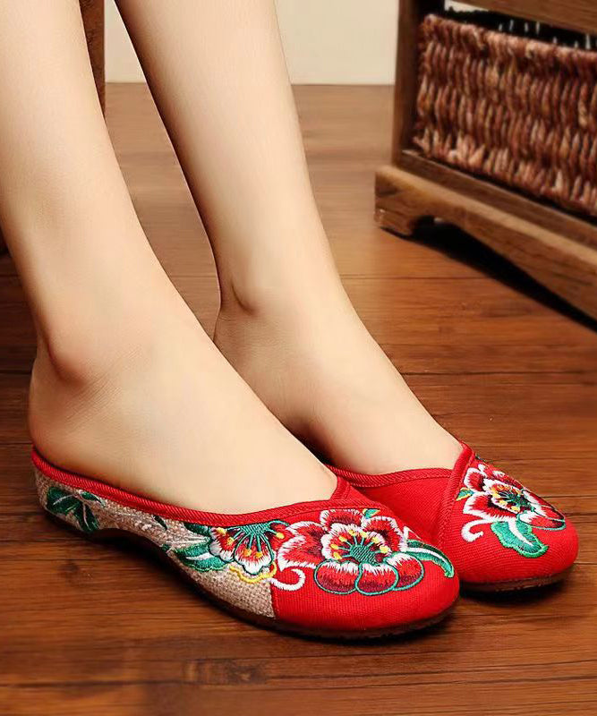 Green Cotton Fabric Retro Embroidery Splicing Slide Sandals