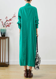 Green Cotton Holiday Dress Mandarin Collar Chinese Button Fall