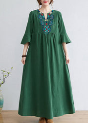 Green Cotton Long Dress Embroideried Exra Large Hem Flare Sleeve