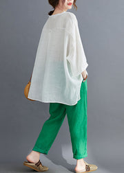 Green Cotton Loose Two Pieces Set O-Neck Low High Design Batwing Sleeve