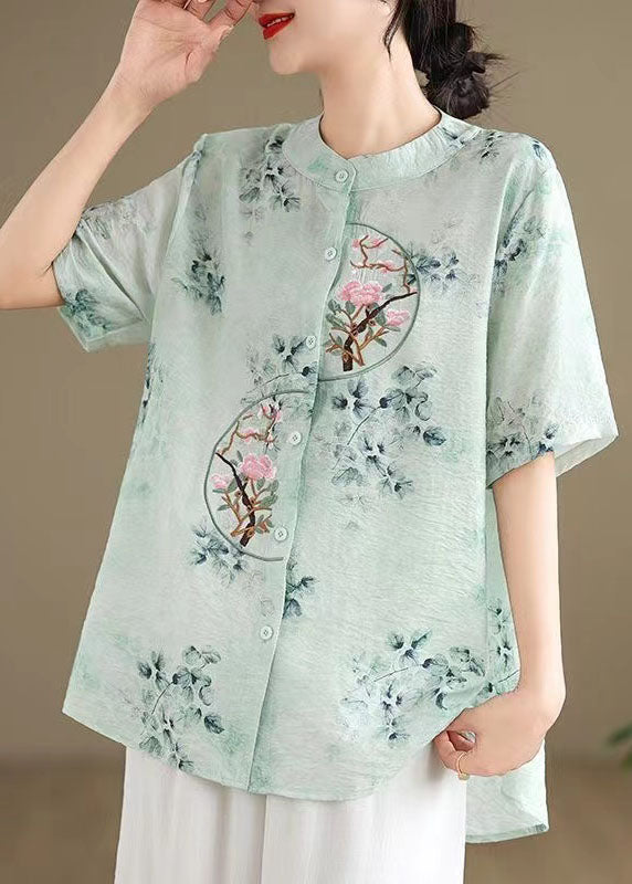 Green Cotton Top Embroidered Stand Collar Button Summer