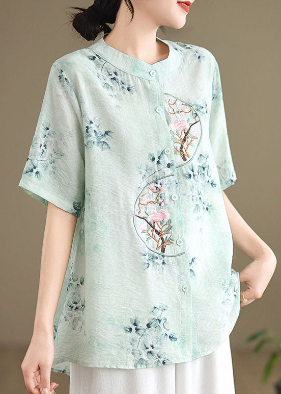 Green Cotton Top Embroidered Stand Collar Button Summer