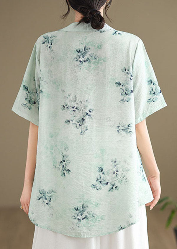 Green Cotton Top Embroidered Stand Collar Button Summer