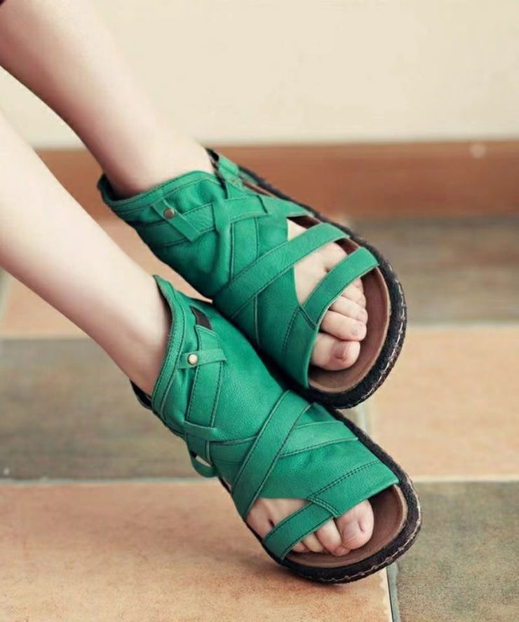 Green Cowhide Leather Retro Splicing Best Flat Sandals Hollow Out