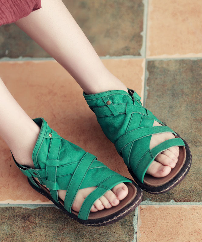 Green Cowhide Leather Retro Splicing Best Flat Sandals Hollow Out