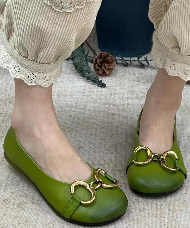 Green Cowhide Leather Vintage Splicing Sequined Flat Feet Shoes