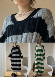 Green Cozy Cotton Cable Long Knit Dress O Neck Winter