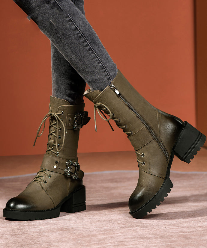 Green Cross Strap Splicing Fashion Chunky Boots