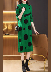 Green Dot Print Patchwork Knit Sweater Dress Turtleneck Long Sleeve