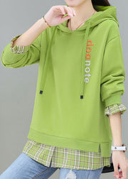 Green Drawstring Fake Two Pieces Hooded Cotton Sweatshirt Long Sleeve