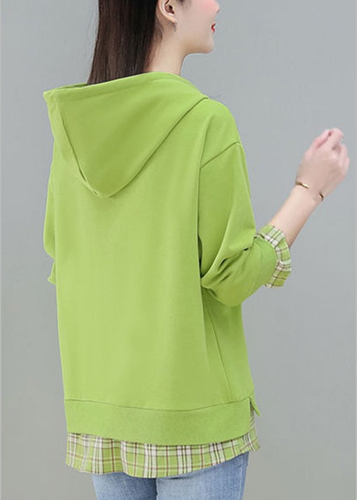 Green Drawstring Fake Two Pieces Hooded Cotton Sweatshirt Long Sleeve