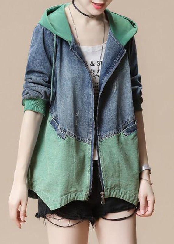 Green Drawstring Pockets Hoodie Denim Coat Long Sleeve