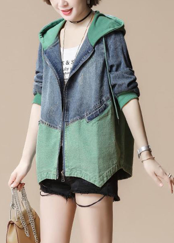 Green Drawstring Pockets Hoodie Denim Coat Long Sleeve