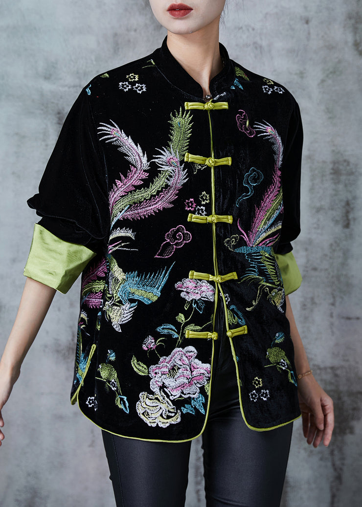 Green Embroidered Silk Velvet Coats Chinese Style Fall