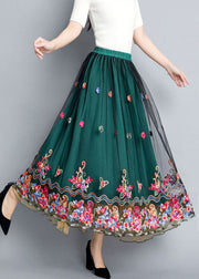 Green Embroideried Floral Elastic Waist Tulle Skirts Summer