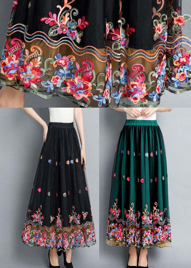 Green Embroideried Floral Elastic Waist Tulle Skirts Summer