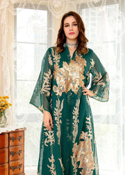 Green Embroideried Floral Sequins Tulle Long Dress Fall