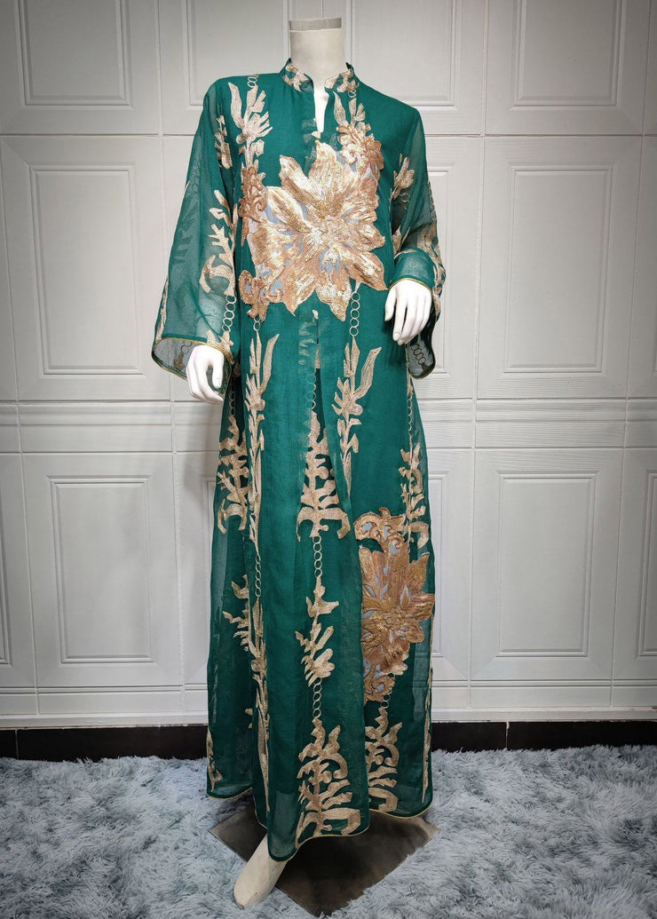 Green Embroideried Floral Sequins Tulle Long Dress Fall