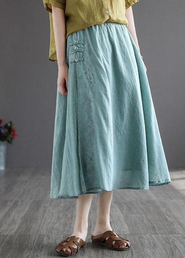 Green Exra Large Hem Linen A Line Skirt Chinese Button Spring