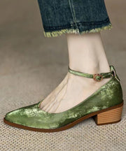 Green Faux Leather Loafers For Women Splicing Buckle Strap