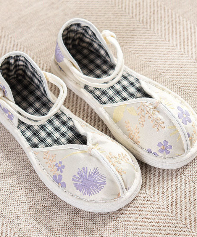 Green Flat Shoes For Women Cotton Fabric Splicing Buckle Strap Embroidery