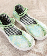 Green Flat Shoes For Women Cotton Fabric Splicing Buckle Strap Embroidery